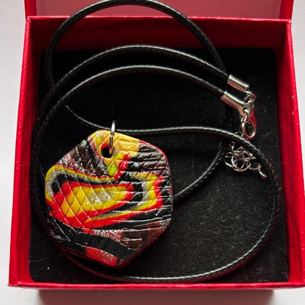 ⚫️Brand New Polymer Clay Multicolored Pendant W/Black Waxed Cord, Handcrafted